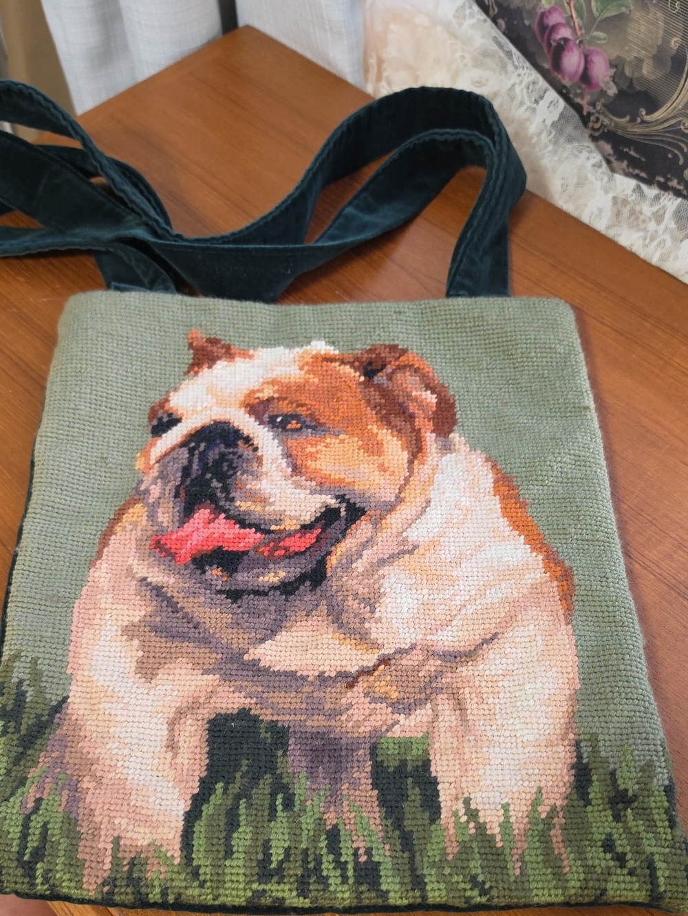 Vintage Hand-made Needlepoint Bulldog Tote Bag in Green